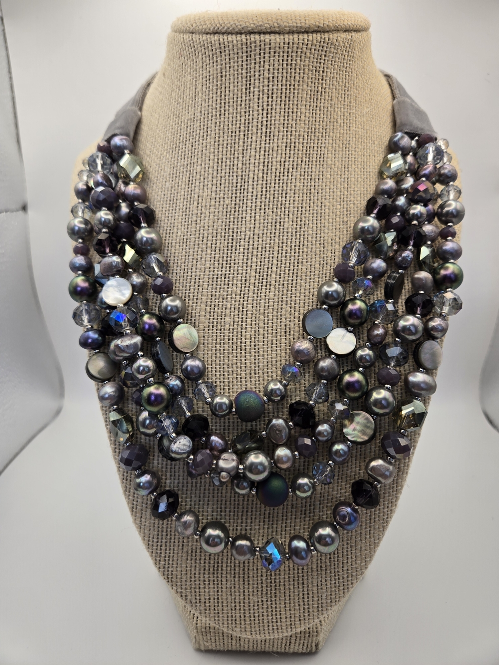 NWT Chico's Gabriella Multi-Strand Grey Purple Pearl Bead Statement Necklace